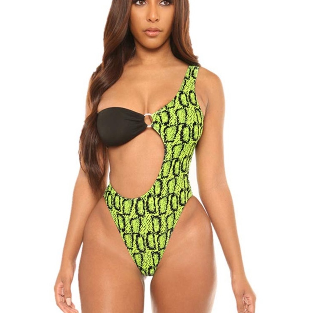 Snake Out Monokini Green and Black One Piece Swimsuit with Plunging Neckline